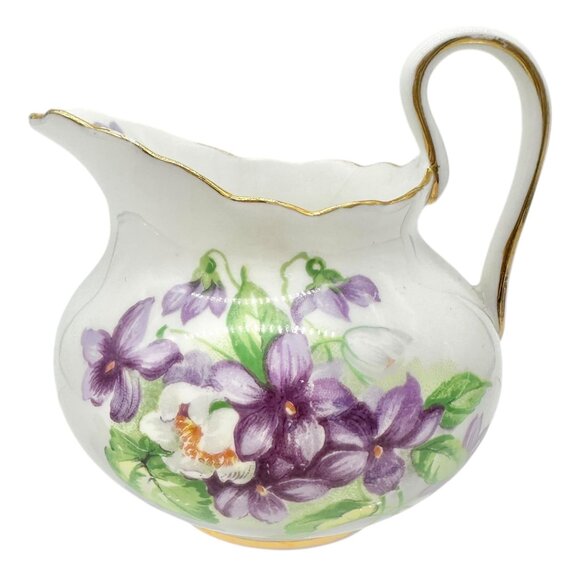Royal Chelsea English Bone China Creamer and Sugar Bowl Set Purple Floral 3" Dia - Picture 8 of 13